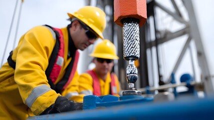 Workers installing equipment on an offshore oil rig
