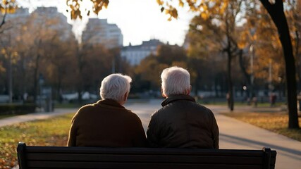 Senior couple sitting on a park bench during autumn warm light outdoor relaxation and companionship for elderly adults - Powered by Adobe