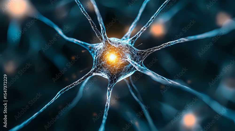Aufkleber glowing neuron cell with synaptic connections on dark background showing neural network activity and