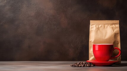 A beautifully arranged coffee scene captures a vibrant red cup and fresh coffee beans on a rustic table, evoking warmth and inviting aromatic experiences for coffee lovers.