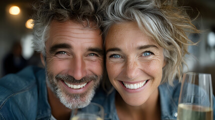 Mature Caucasian couple sharing intimate moment at restaurant, genuine smiles and eye contact, gray hair, casual denim attire, wine glasses, romantic evening atmosphere.