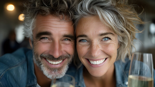 Mature Caucasian couple sharing intimate moment at restaurant, genuine smiles and eye contact, gray hair, casual denim attire, wine glasses, romantic evening atmosphere.