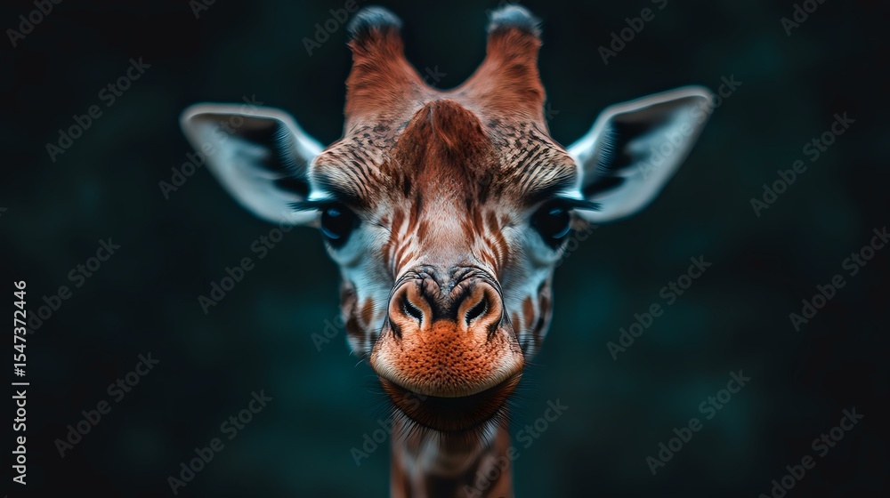 Poster close up portrait of giraffe head with dark background showing detailed texture of skin and distinct