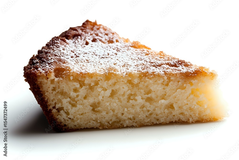 Poster slice of homemade vanilla sponge cake dusted with powdered sugar on white background, isolated macro