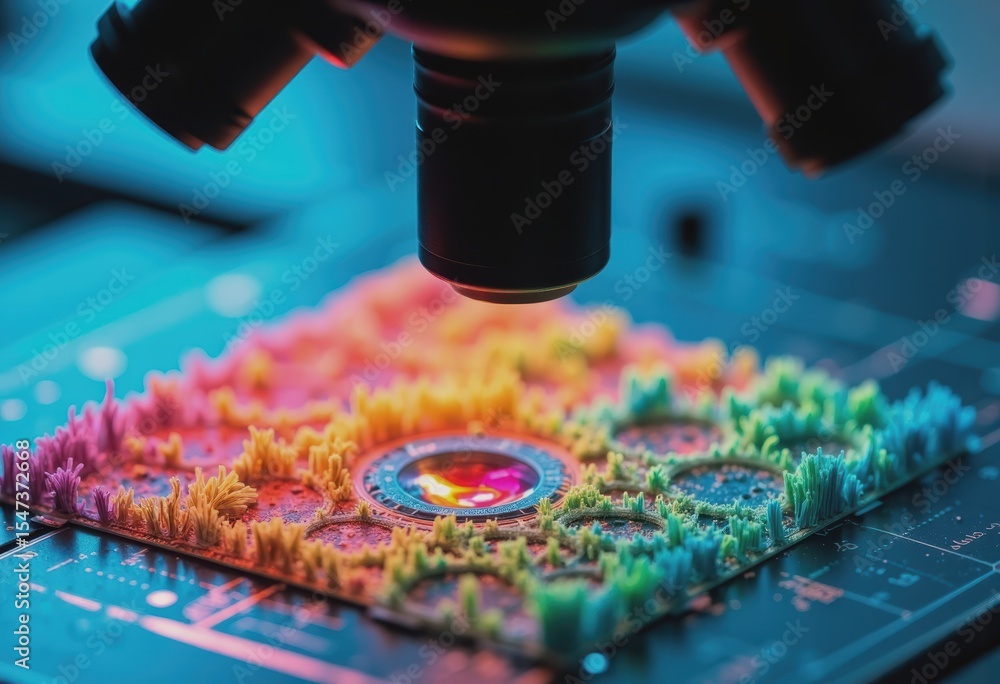 Poster colorful technical textile sample viewed under a microscope in a lab setting