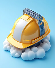 3D icon of a construction helmet building and crane