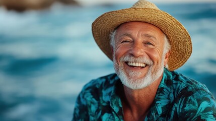 A cheerful older man with a full beard and straw hat smiles warmly at the camera, embodying joy and a carefree spirit by the beach during a sunny day.
