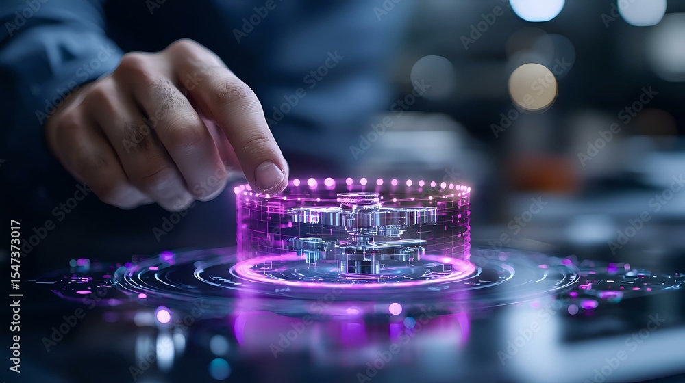 Poster futuristic holographic display showing advanced processor chip with glowing purple light effects and