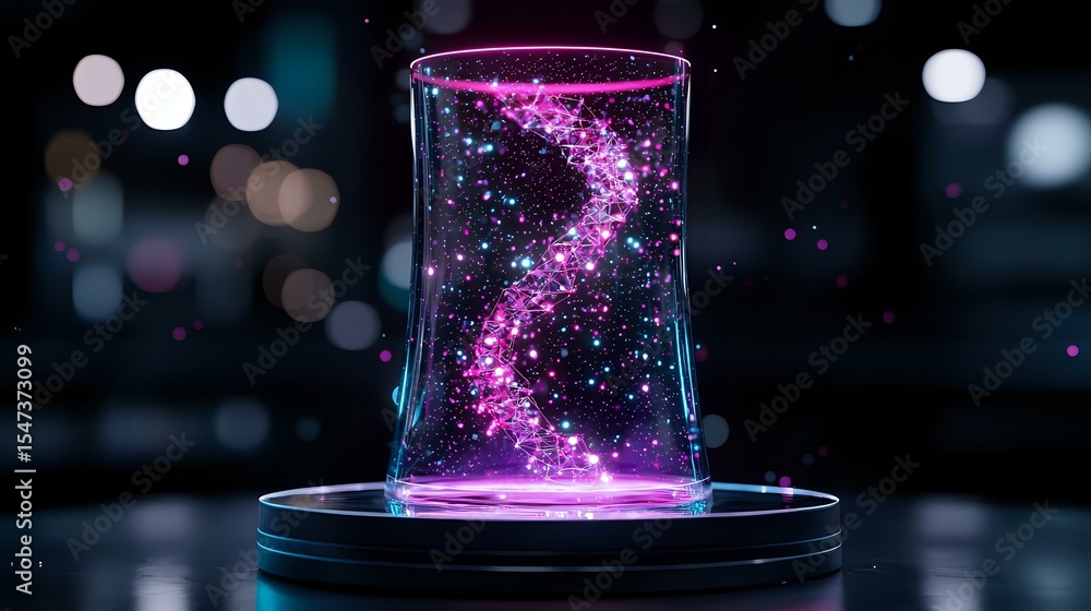 Poster glowing pink spiral of magical particles swirling inside glass container on dark background with bok