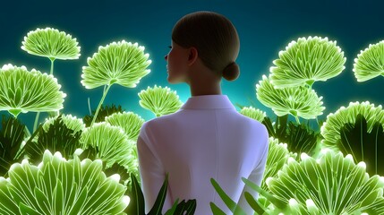 Woman standing in a glowing digital garden of flowers