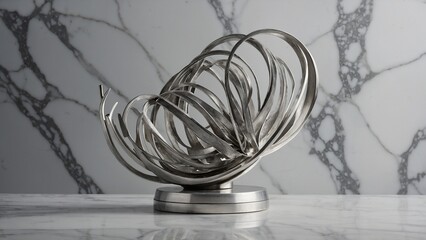 Abstract Silver Metal Sculpture on White Marble Base