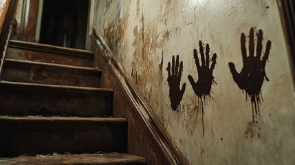 muddy handprints on wall next to staircase.
