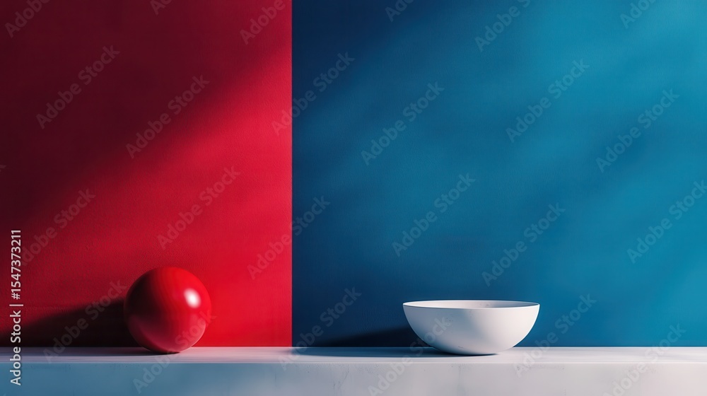 Poster an abstract image featuring a striking composition with a red sphere and a white bowl on a color-blo