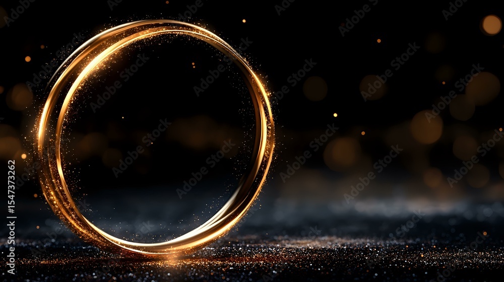 Poster glowing golden ring with magical light trail effect on dark background with bokeh particles and spar