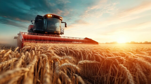 A powerful combine harvester collects golden wheat in a field during a breathtaking sunset, highlighting the importance of agriculture and hard work in rural life.