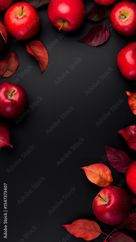 Poster fresh red apples and autumn leaves creating frame border on black background with copy space for sea