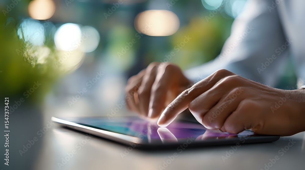 Poster close up view of hands typing on digital tablet touchscreen with soft bokeh background lights, moder