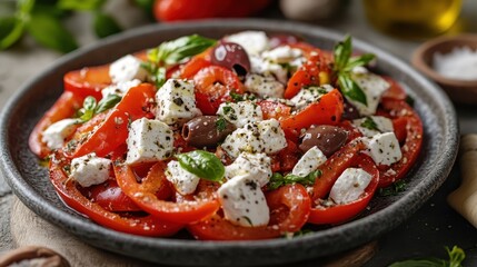 This image showcases a refreshing Greek salad, filled with ripe tomatoes, feta cheese, and olives, elegantly arranged, representing healthy and colorful cuisine.