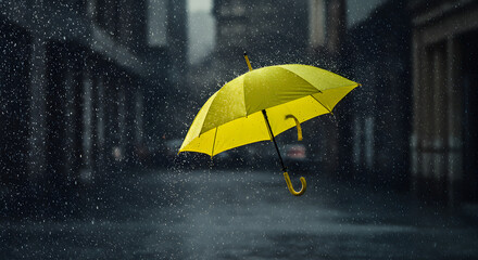 Yellow umbrella inverted by strong wind in the rain. Represents bad weather, challenging conditions, or resilience. Dynamic and impactful.

