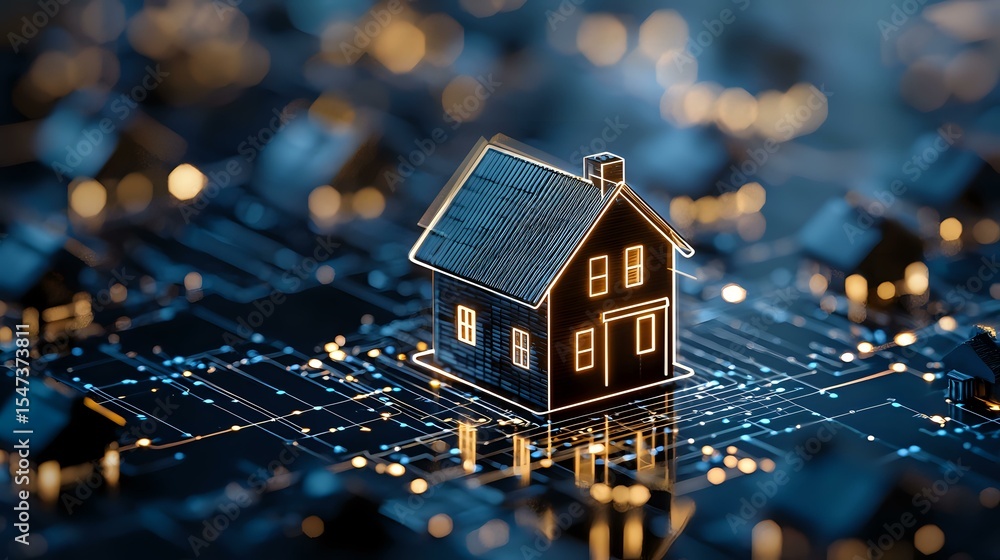 Poster small house model on computer circuit board with glowing bokeh lights, representing smart home techn