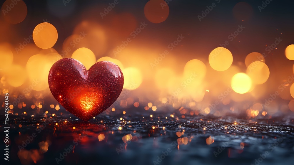 Aufkleber red heart glowing against blurred golden bokeh lights background with reflective surface, creating r