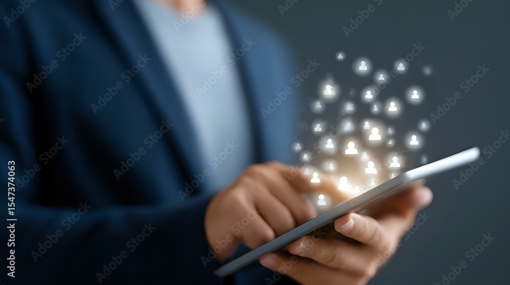 Aufkleber professional holding digital tablet with glowing network of people icons floating above screen, repr