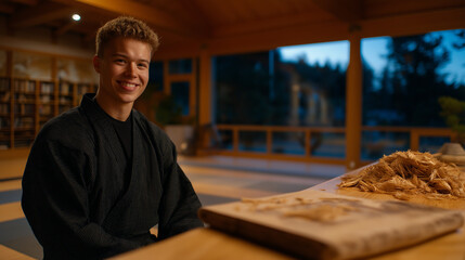 Student breaking wooden board with triumphant grin