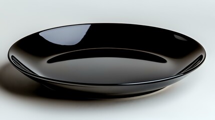 Empty black ceramic plate on dark background with soft reflection and shadow, minimalist tableware for modern dining and food presentation.