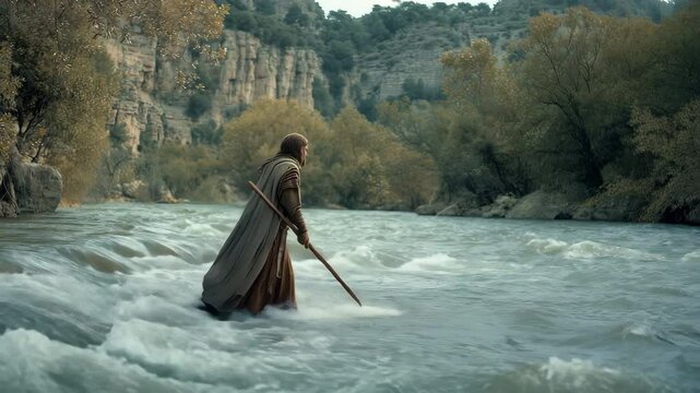 Photorealistic scene depicting Elisha parting the Jordan River with his cloak, evoking a sense of wonder and divine intervention. Inspired by the Bible, 2 Kings 2:14.