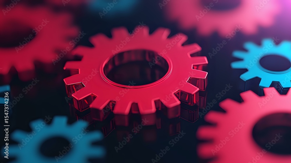 Poster red and blue metallic gears on dark background with selective focus effect creating depth and mechan