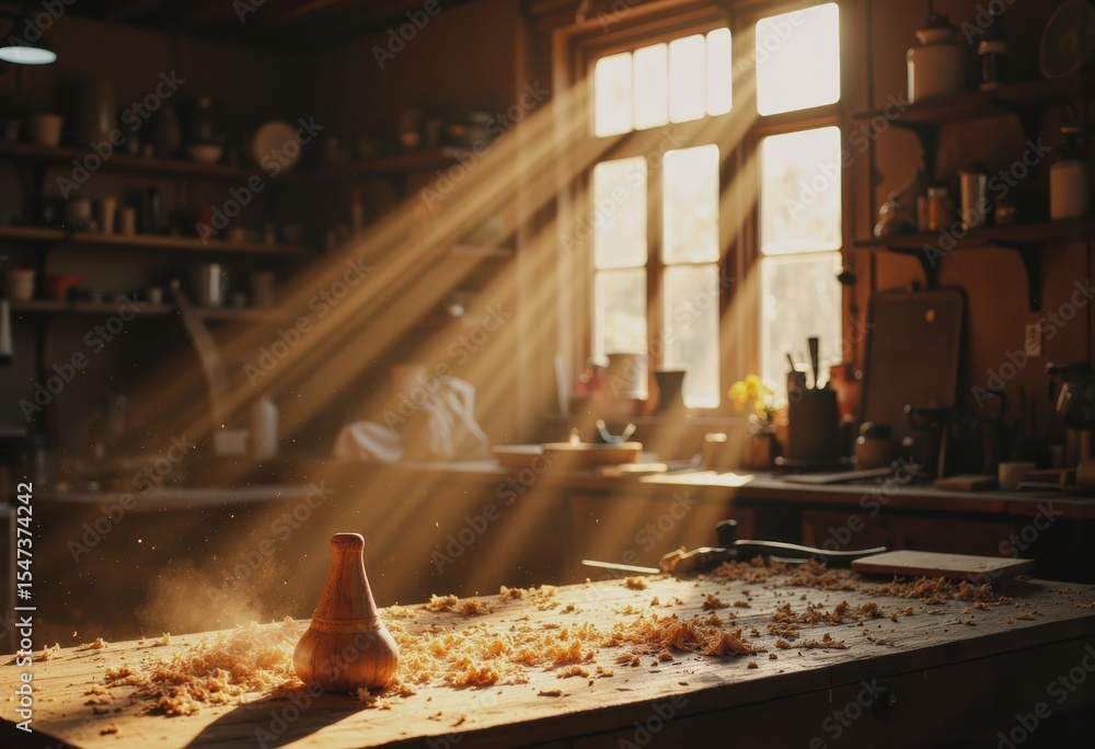 Poster sunlight streaming through a rustic workshop window, illuminating a wooden table