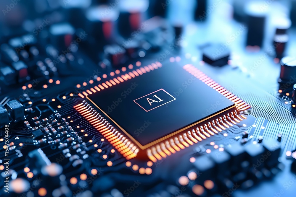 Poster artificial intelligence processor chip on circuit board with glowing connections and ai text symbol,