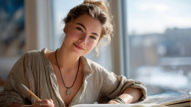 Young woman sketching a portrait in natural light