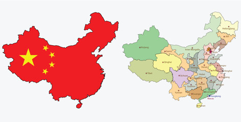 Geographic Illustration of China, Red Flag with Yellow Stars and Full Administrative Regions, China Map with National Flag and Provincial Division Including Major Cities