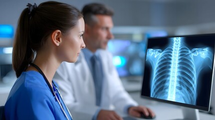 Medical professionals reviewing an X-ray on a computer monitor