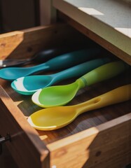 Ergonomic ladles and scoops neatly arranged in a supplement drawer