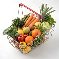 Isometric Grocery Shopping Basket Filled with Fruits and Vegetables Isolated on White Background

