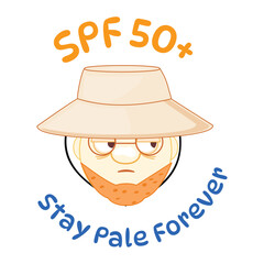Stay pale forever meme, sunscreen humor, redhead character, big hat, SPF 50 sunblock, vector cartoon design