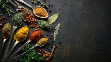 Assorted herbs and spices in artistic arrangement, celebrating natural flavors and culinary diversity