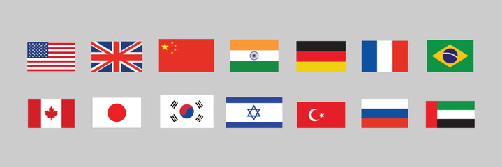 World Economic Powers Flag Icon Set – USA, China, India, UK, Germany, Japan, South Korea, Brazil, UAE & More | International Trade, Politics & Business Countries Vector Pack.
