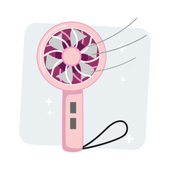 Cute battery fan, pink and purple, blowing air, compact gadget, travel essential, stylish digital art