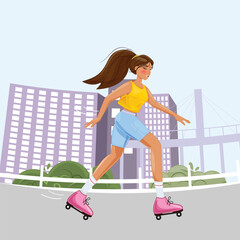 Young woman in pink skates, yellow top, blue shorts, skating on street, healthy activity, trendy flat art