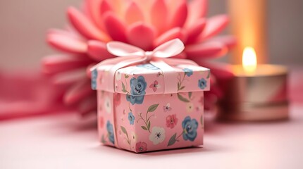 A small pink floral gift box with a pink ribbon sits on a pink surface next to a succulent and a lit candle