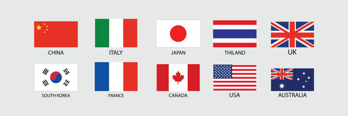 Top Travel Destination Country Flags – USA, UK, Japan, Italy, France, China, Australia, Canada & More   Vector Icons for Tourism, Study Abroad & Global Promotion. © Abir Debnath