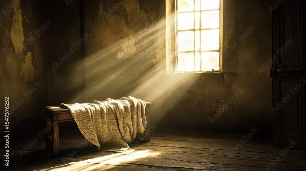 Poster sunlight streams into a room with a covered bench.