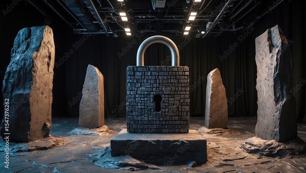 Aufkleber an artistic installation featuring a large padlock surrounded by abstract stone structures in a diml