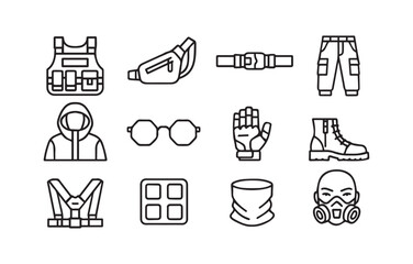 Fototapeta premium Tactical Gear and Urban Clothing Line Art Set Detailed Vector Illustration