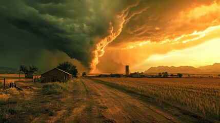 Fototapeta premium Dramatic sunset over a rural scene with a powerful storm