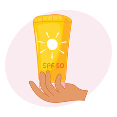 Sunscreen in hand, bright yellow tube, summer sunblock, UV defense, stylish health and beauty digital art