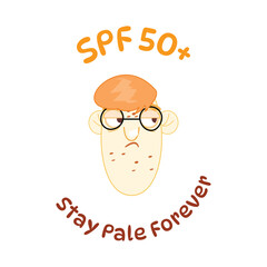 Pale redhead character with freckles, glasses, and sunscreen joke, summer skin care parody